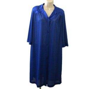 Vanity Fair Robe Sz Small Button Front Blue Embroidered 3/4 Sleeve Collar Nylon